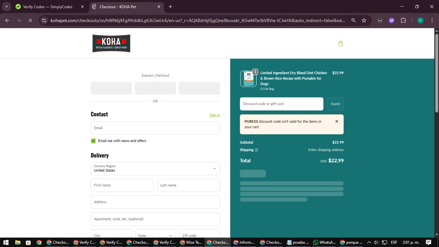 Koha Pet discount code screenshot showing code PURE10 applied at Koha Pet checkout page. Uploaded by SimplyCodes community member LuckyDefender9428 on Dec 22, 2025