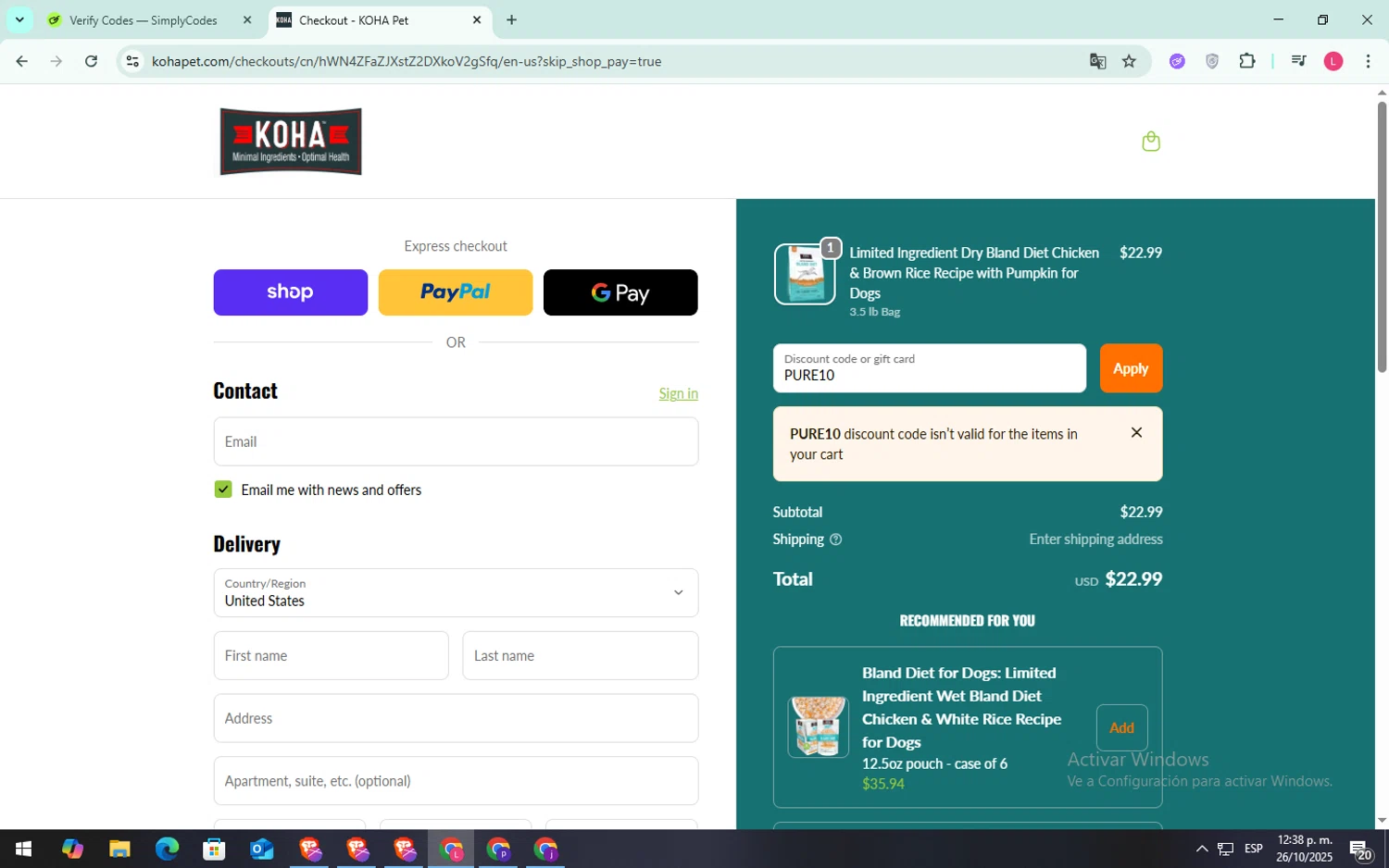 Koha Pet discount code screenshot showing code PURE10 applied at Koha Pet checkout page. Uploaded by SimplyCodes community member SilverFox3257 on Oct 26, 2025