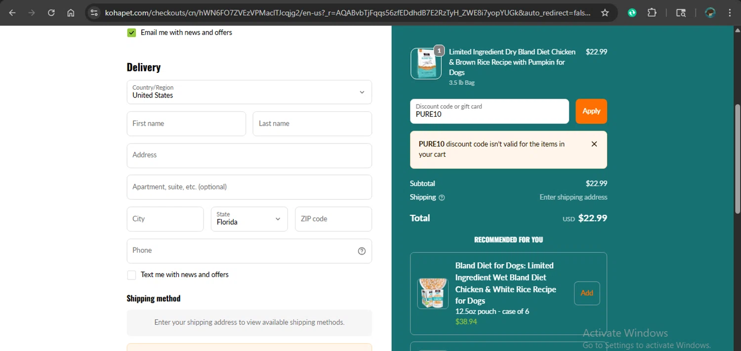 Koha Pet discount code screenshot showing code PURE10 applied at Koha Pet checkout page. Uploaded by SimplyCodes community member giselmarstephanny on Dec 9, 2025
