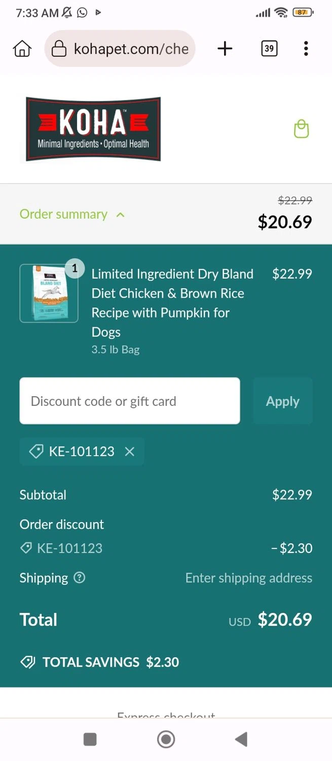 Koha Pet discount code screenshot showing code KE-101123 applied at Koha Pet checkout page. Uploaded by SimplyCodes community member Hanamichi on Jan 28, 2025