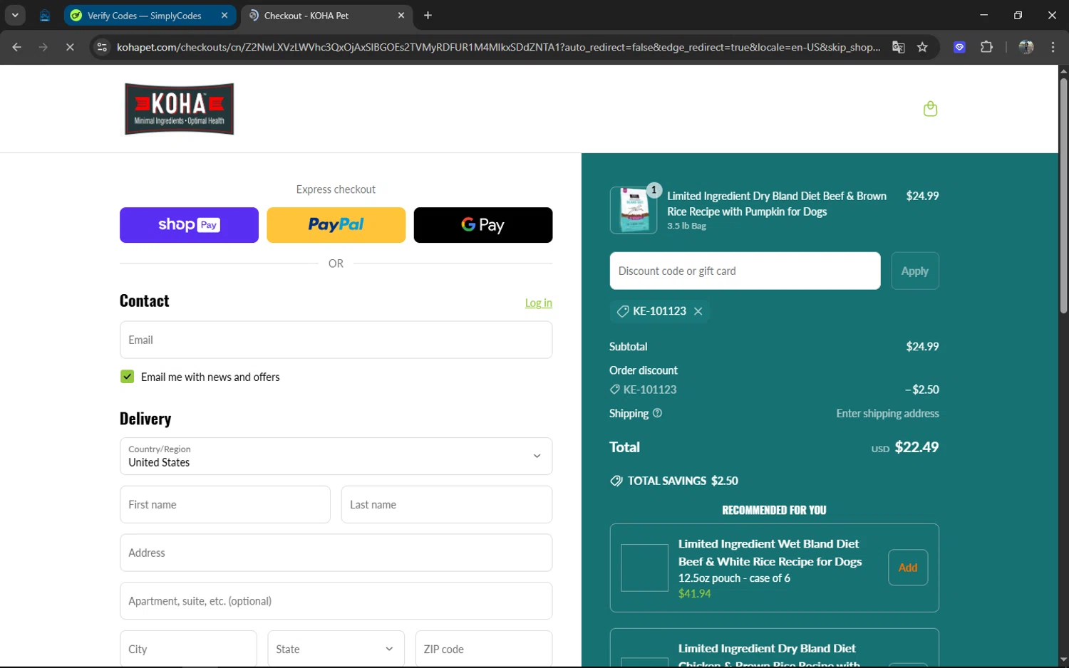 Koha Pet discount code screenshot showing code KE-101123 applied at Koha Pet checkout page. Uploaded by SimplyCodes community member XXXTENTACION on Mar 16, 2025
