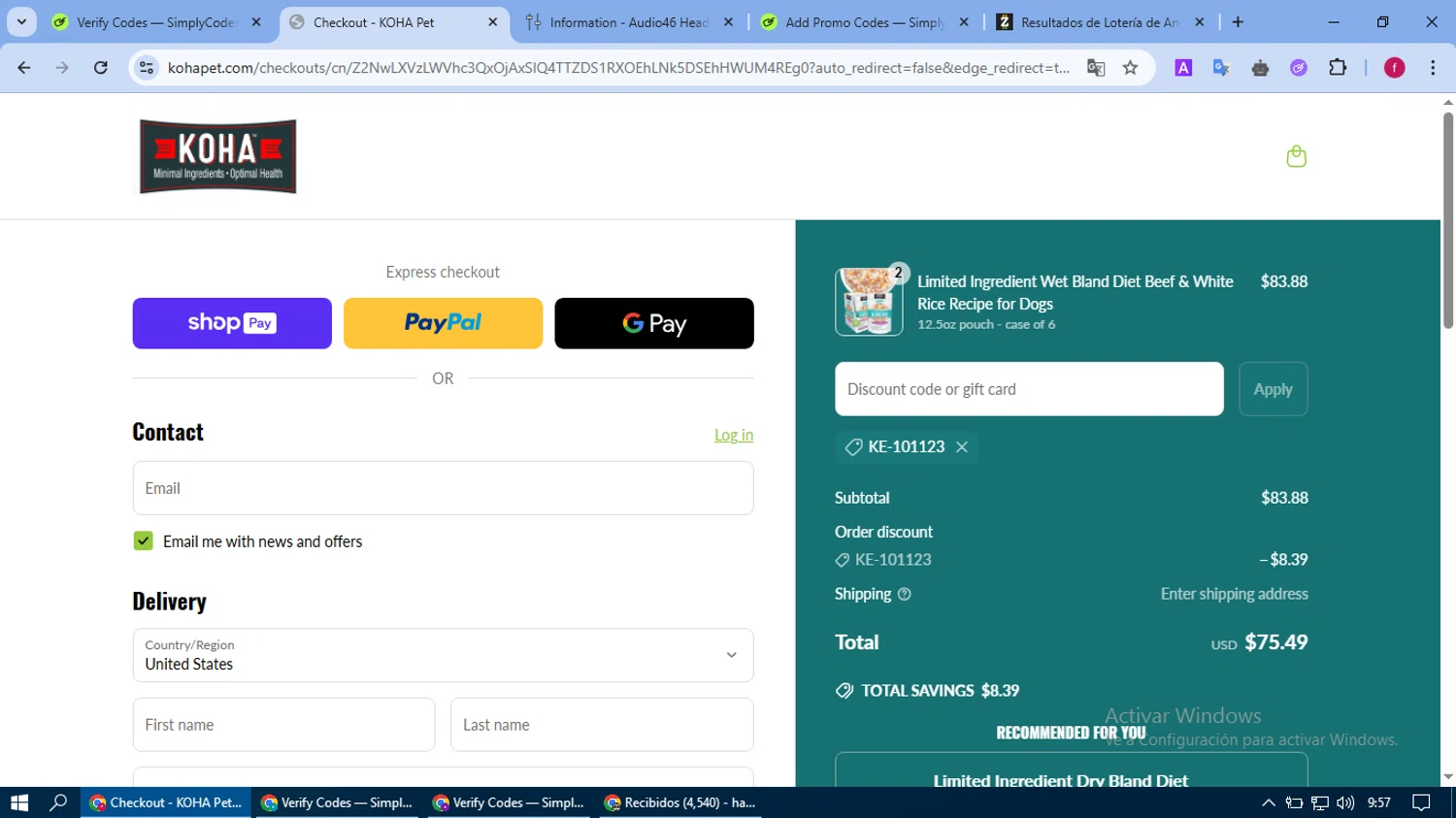 Koha Pet discount code screenshot showing code KE-101123 applied at Koha Pet checkout page. Uploaded by SimplyCodes community member fausguillermo on May 2, 2025