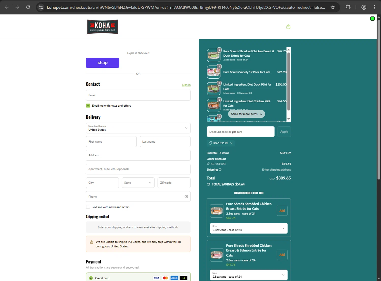 Koha Pet discount code screenshot showing code KS-151123 applied at Koha Pet checkout page. Uploaded by SimplyCodes community member ShrewdDefender8496 on Dec 27, 2025