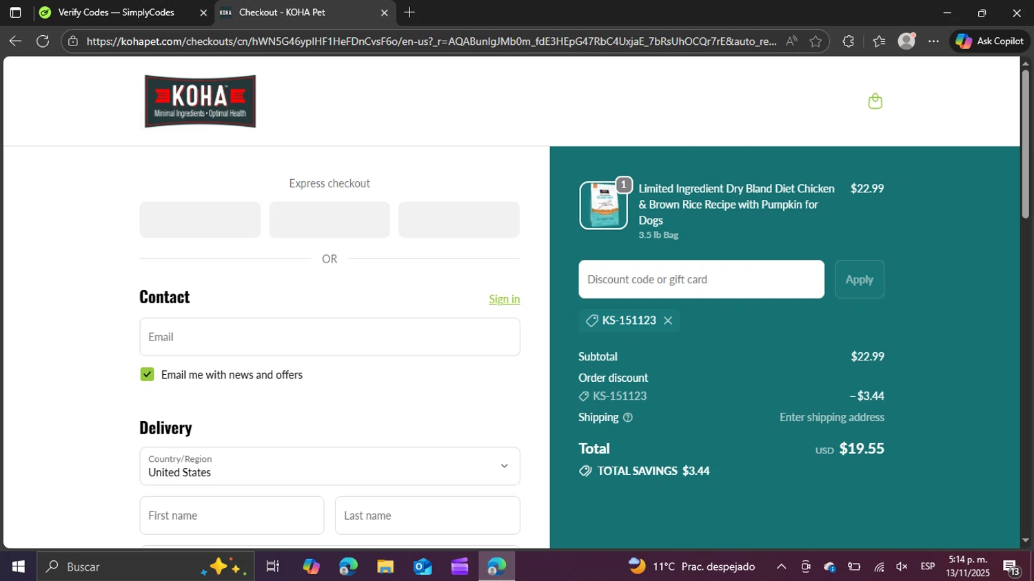 Koha Pet discount code screenshot showing code KS-151123 applied at Koha Pet checkout page. Uploaded by SimplyCodes community member swiftie on Nov 13, 2025