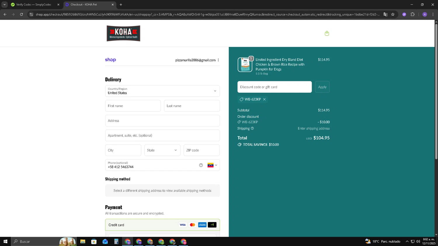 Koha Pet discount code screenshot showing code WB-623KP applied at Koha Pet checkout page. Uploaded by SimplyCodes community member SAKURA on Nov 12, 2025