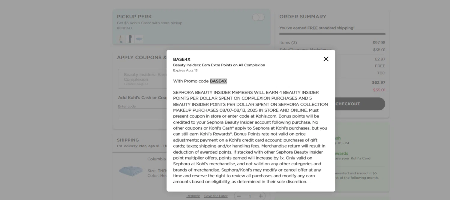 Kohl's coupon code screenshot showing code BASE4X applied at Kohl's checkout page. Uploaded by SimplyCodes community member ______ on Aug 14, 2025