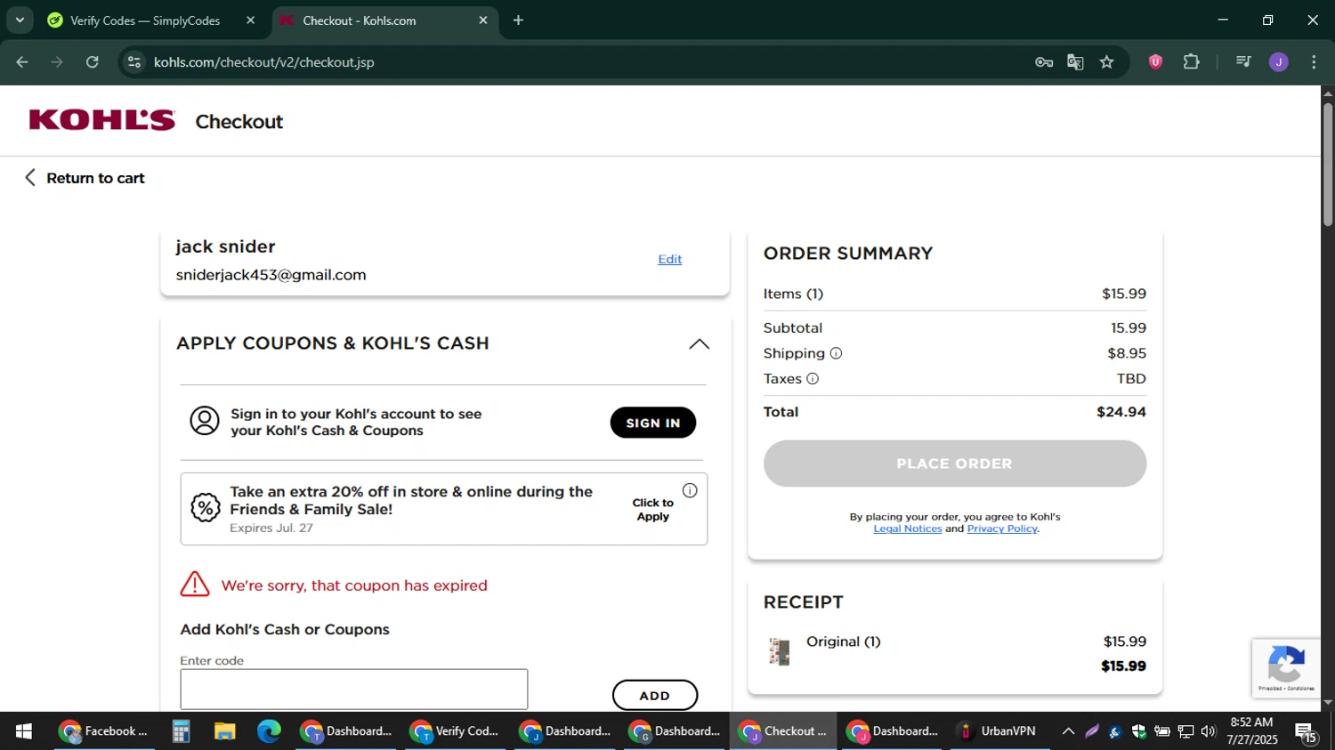 Kohl's coupon code screenshot showing code Home15 applied at Kohl's checkout page. Uploaded by SimplyCodes community member sniderjack453 on Jul 27, 2025
