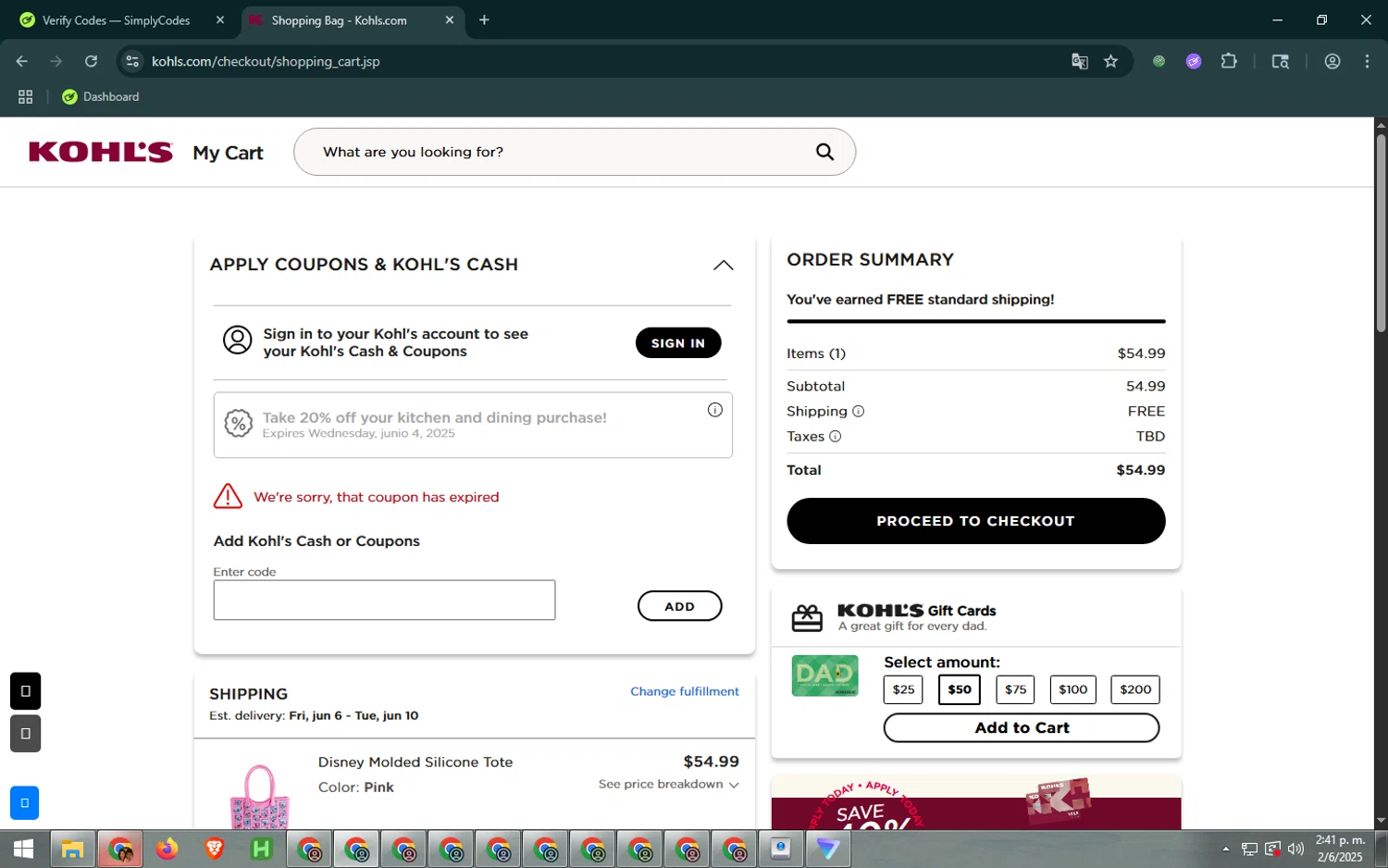 Kohl's coupon code screenshot showing code TAKE10 applied at Kohl's checkout page. Uploaded by SimplyCodes community member _________ on Jun 2, 2025