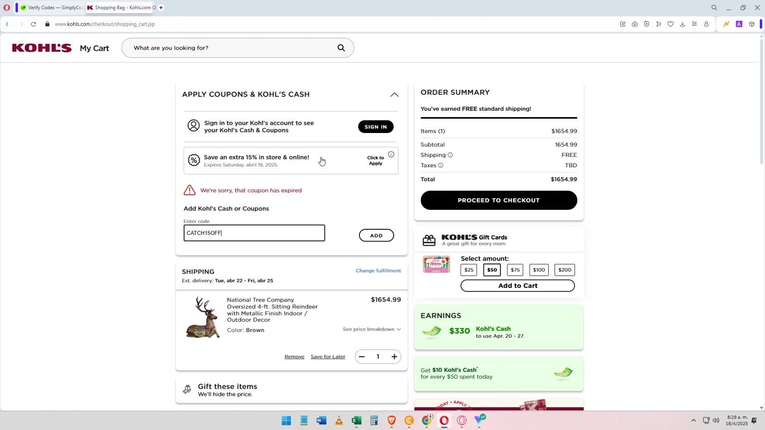 Kohl's coupon code screenshot showing code CATCH15OFF applied at Kohl's checkout page. Uploaded by SimplyCodes community member Darkosukaru on Apr 18, 2025