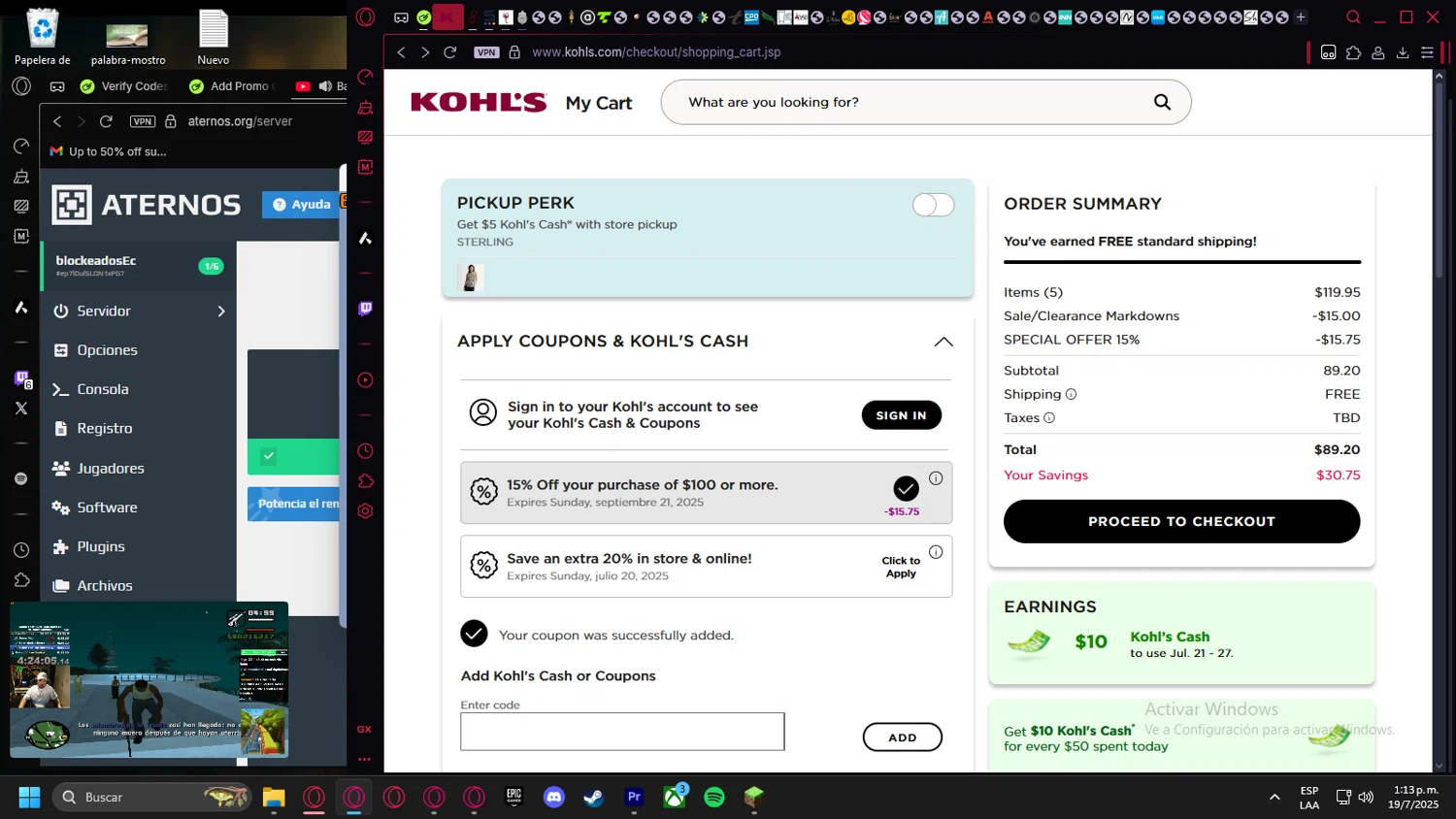 Kohl's coupon code screenshot showing code CATCH15OFF applied at Kohl's checkout page. Uploaded by SimplyCodes community member leonardocamacho2 on Jul 19, 2025