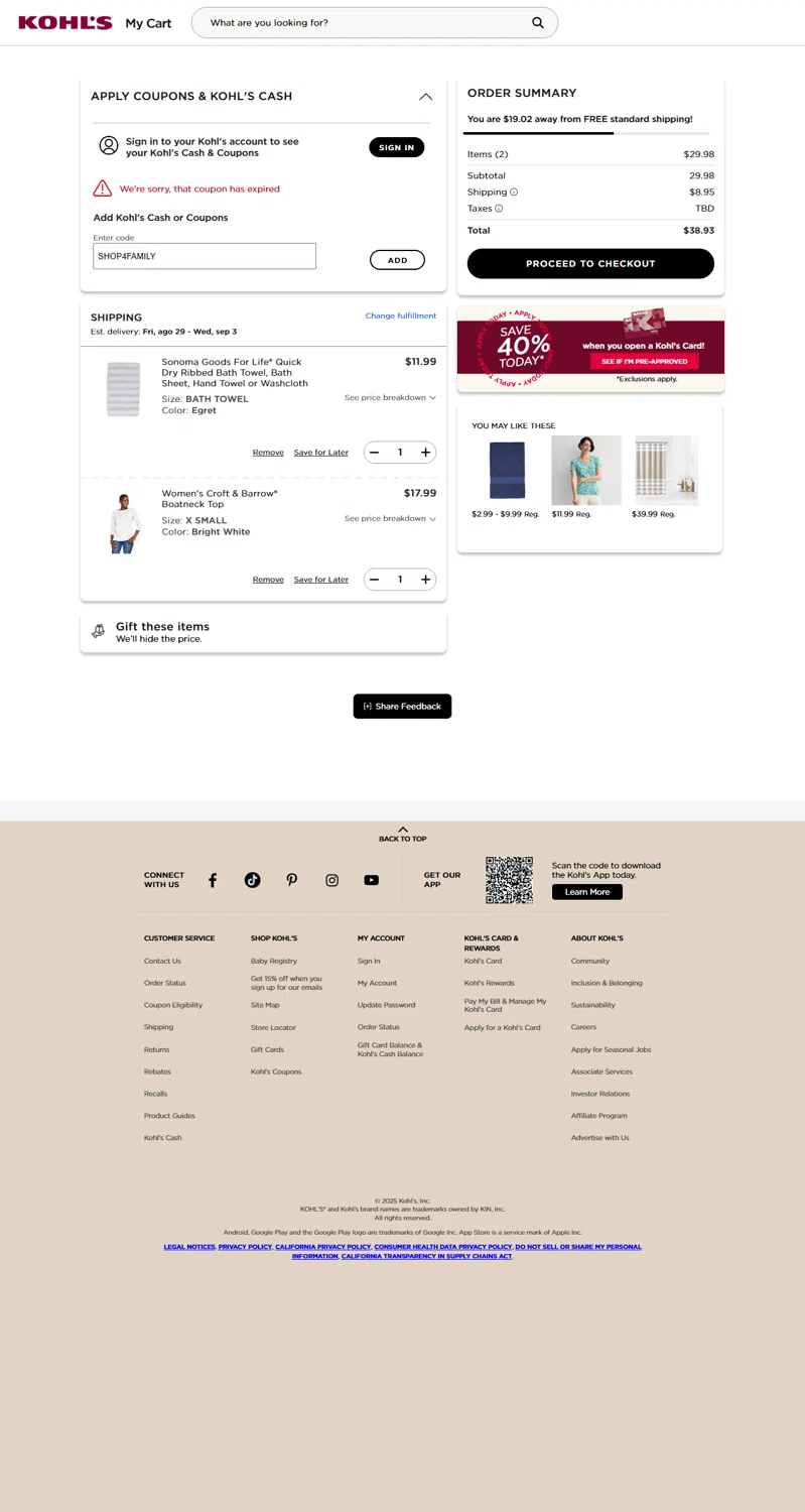 Kohl's coupon code screenshot showing code SHOP4FAMILY applied at Kohl's checkout page. Uploaded by SimplyCodes community member Myrulesmagazine23 on Aug 25, 2025