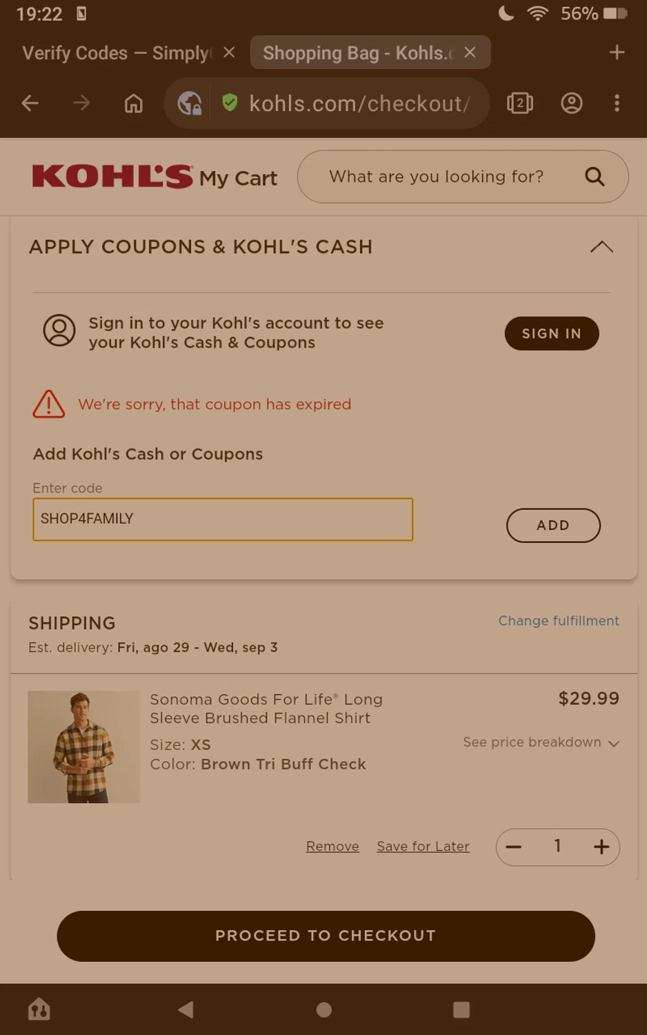 Kohl's coupon code screenshot showing code SHOP4FAMILY applied at Kohl's checkout page. Uploaded by SimplyCodes community member Olivatle on Aug 25, 2025