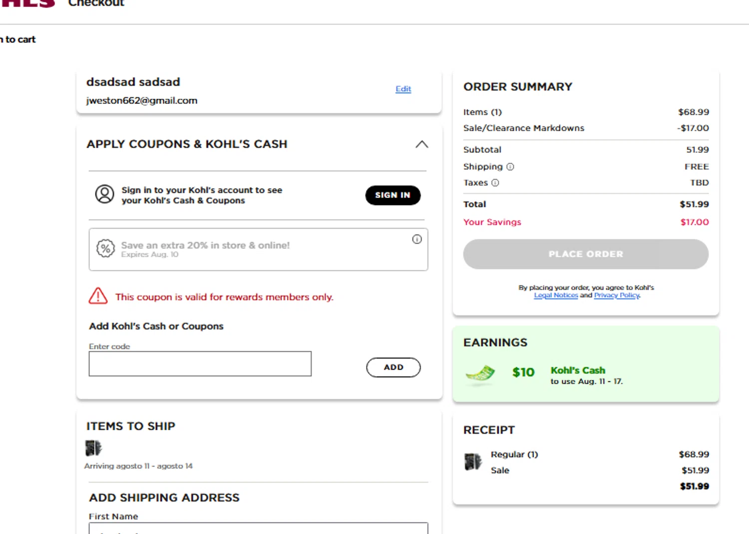 Kohl's coupon code screenshot showing code 4XHAIR applied at Kohl's checkout page. Uploaded by SimplyCodes community member CouponLion3243 on Aug 7, 2025