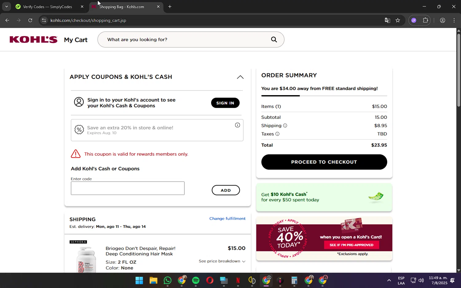 Kohl's coupon code screenshot showing code 4XHAIR applied at Kohl's checkout page. Uploaded by SimplyCodes community member wednesday on Aug 7, 2025