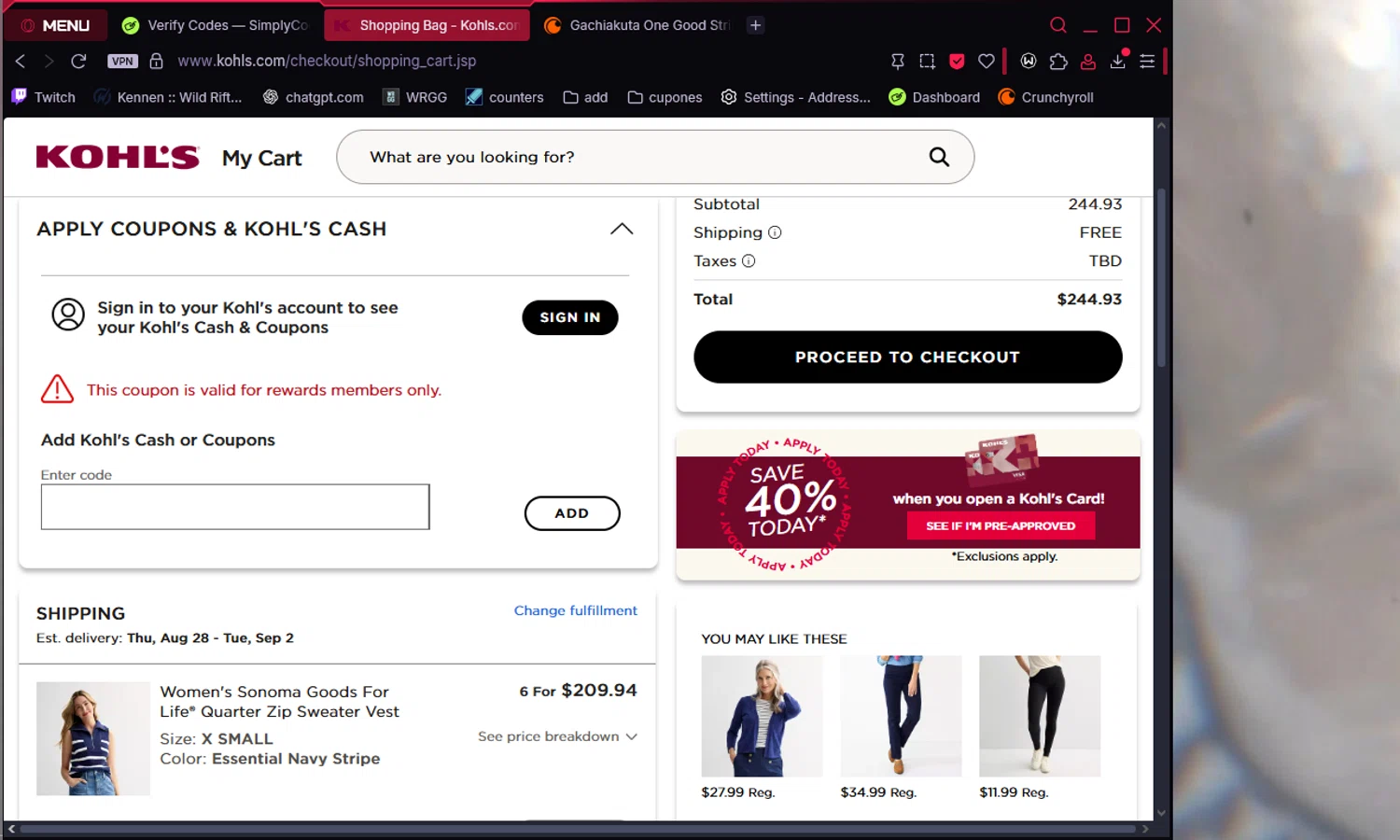 Kohl's coupon code screenshot showing code BASE4X applied at Kohl's checkout page. Uploaded by SimplyCodes community member Chukaflu on Aug 25, 2025