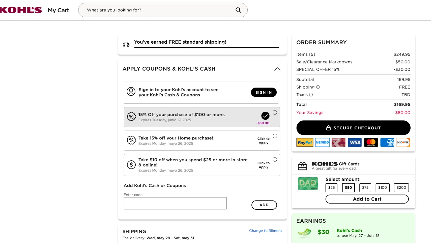 Kohl's coupon code screenshot showing code CATCH15OFF applied at Kohl's checkout page. Uploaded by SimplyCodes community member ELOIN777 on May 22, 2025