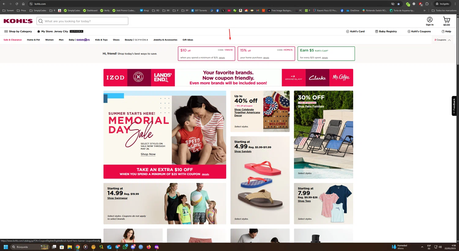 Kohl's coupon code screenshot showing code TAKE10 applied at Kohl's checkout page. Uploaded by SimplyCodes community member UnkNownVnzla on May 22, 2025