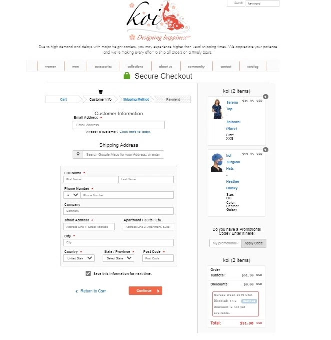 Koi Scrubs checkout page showing Koi Scrubs coupon code box | Screenshot taken by SimplyCodes community member on Jul 20, 2020