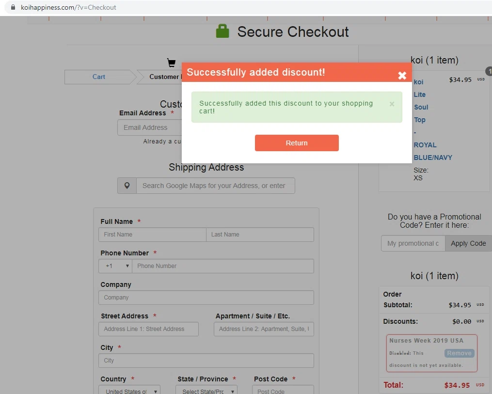 Koi Scrubs checkout page showing Koi Scrubs coupon code box | Screenshot taken by SimplyCodes community member on Aug 19, 2020