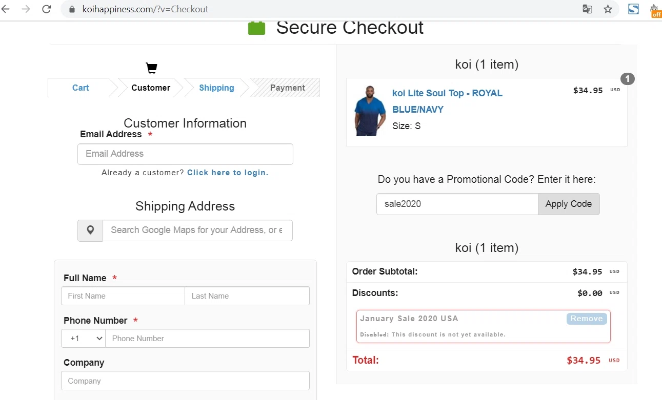 Koi Scrubs checkout page showing Koi Scrubs coupon code box | Screenshot taken by SimplyCodes community member on Aug 5, 2020