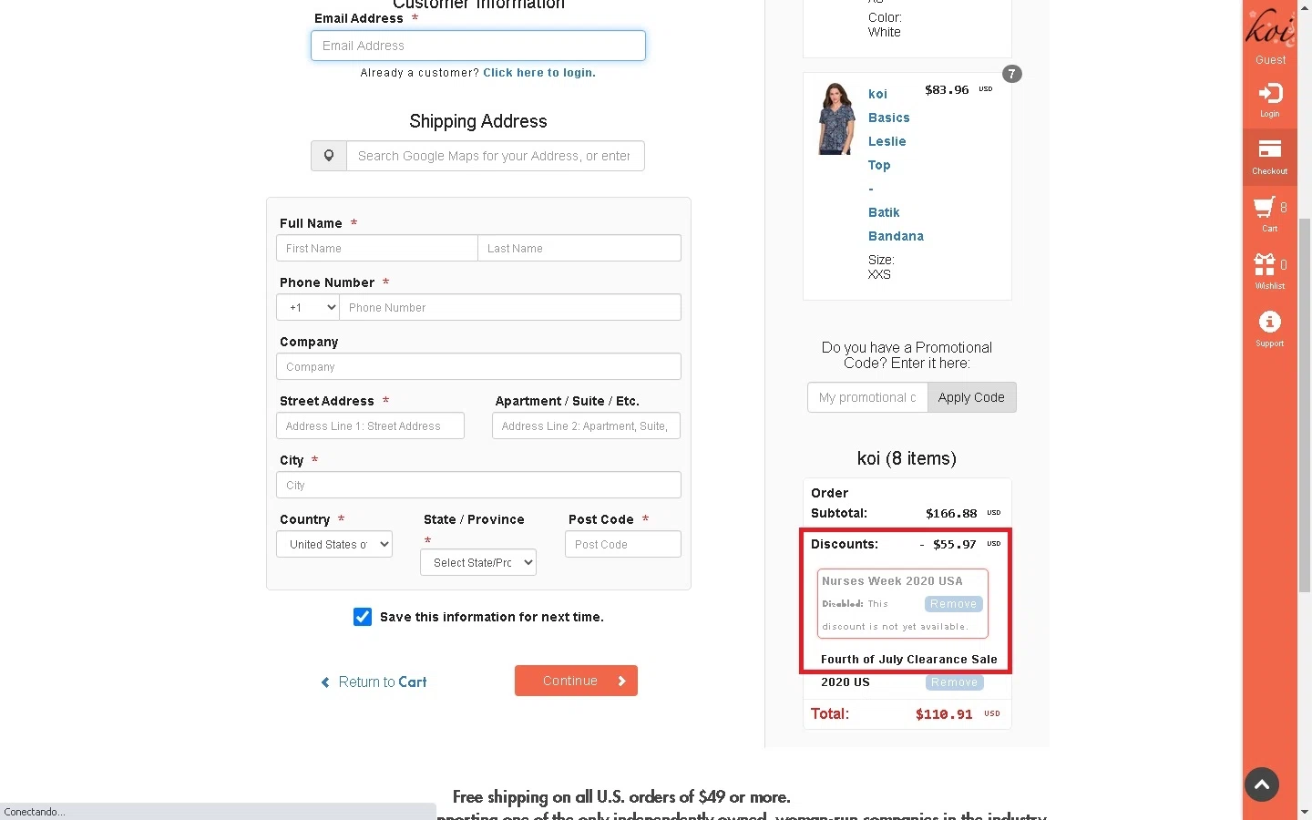Koi Scrubs checkout page showing Koi Scrubs coupon code box | Screenshot taken by SimplyCodes community member on Jul 2, 2020