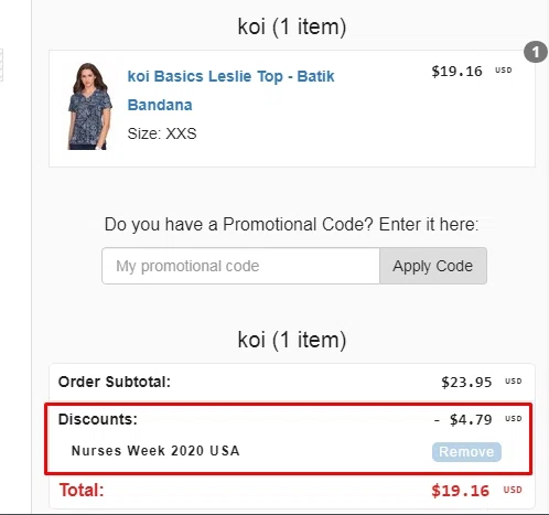 Koi Scrubs checkout page showing Koi Scrubs coupon code box | Screenshot taken by SimplyCodes community member on May 8, 2020