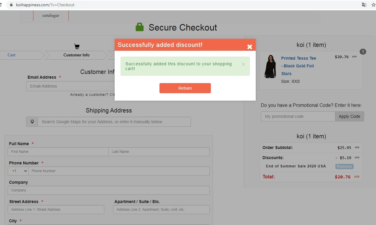 Koi Scrubs checkout page showing Koi Scrubs coupon code box | Screenshot taken by SimplyCodes community member on Aug 25, 2020