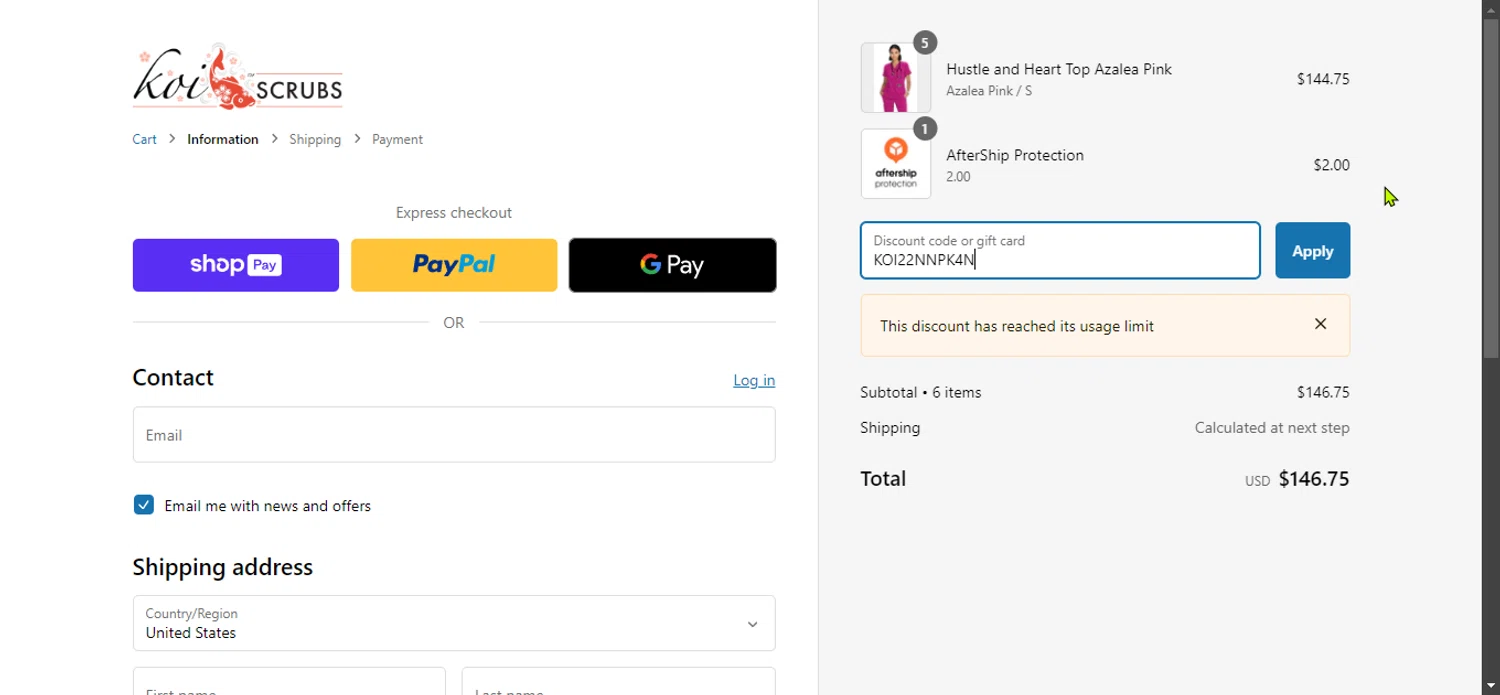 Koi Scrubs checkout page showing Koi Scrubs coupon code box | Screenshot taken by SimplyCodes community member on Sep 27, 2024
