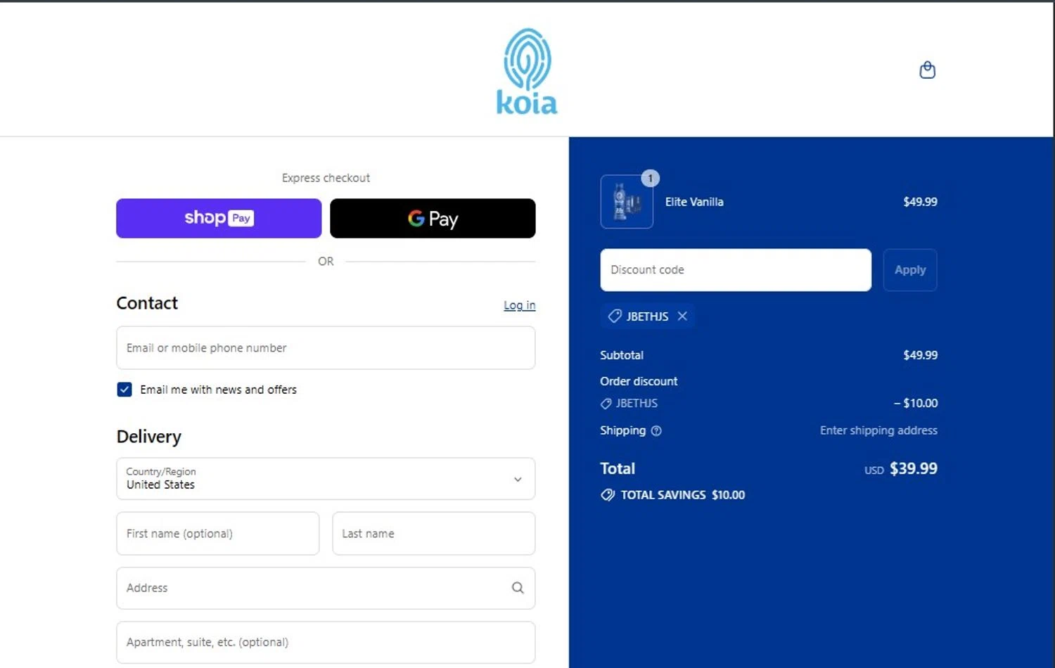 Koia promo code screenshot showing code Jbethjs applied at Koia checkout page. Uploaded by SimplyCodes community member PennyHero5335 on Jul 16, 2025