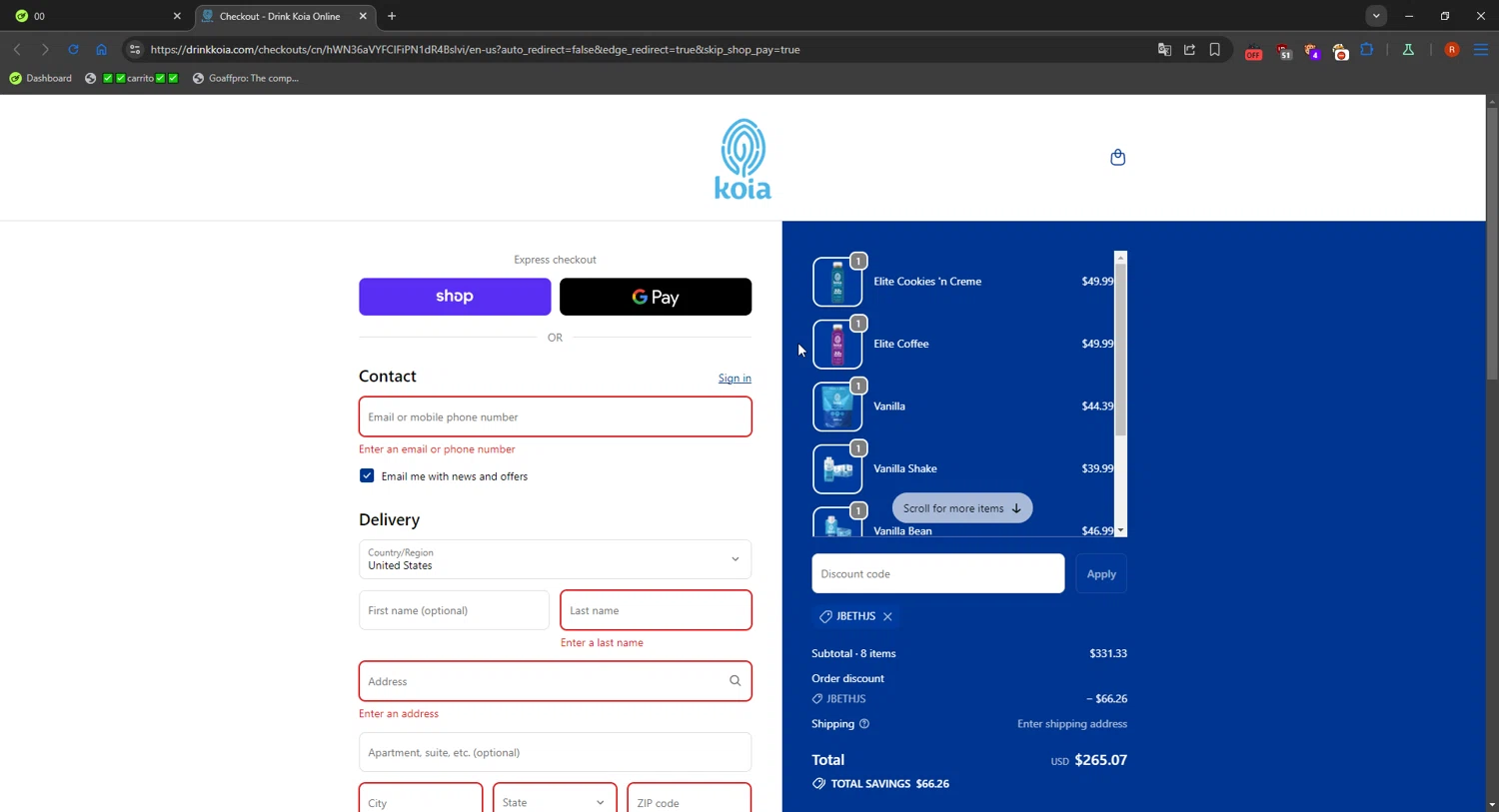 Koia promo code screenshot showing code Jbethjs applied at Koia checkout page. Uploaded by SimplyCodes community member RebateCaptain6918 on Sep 18, 2025