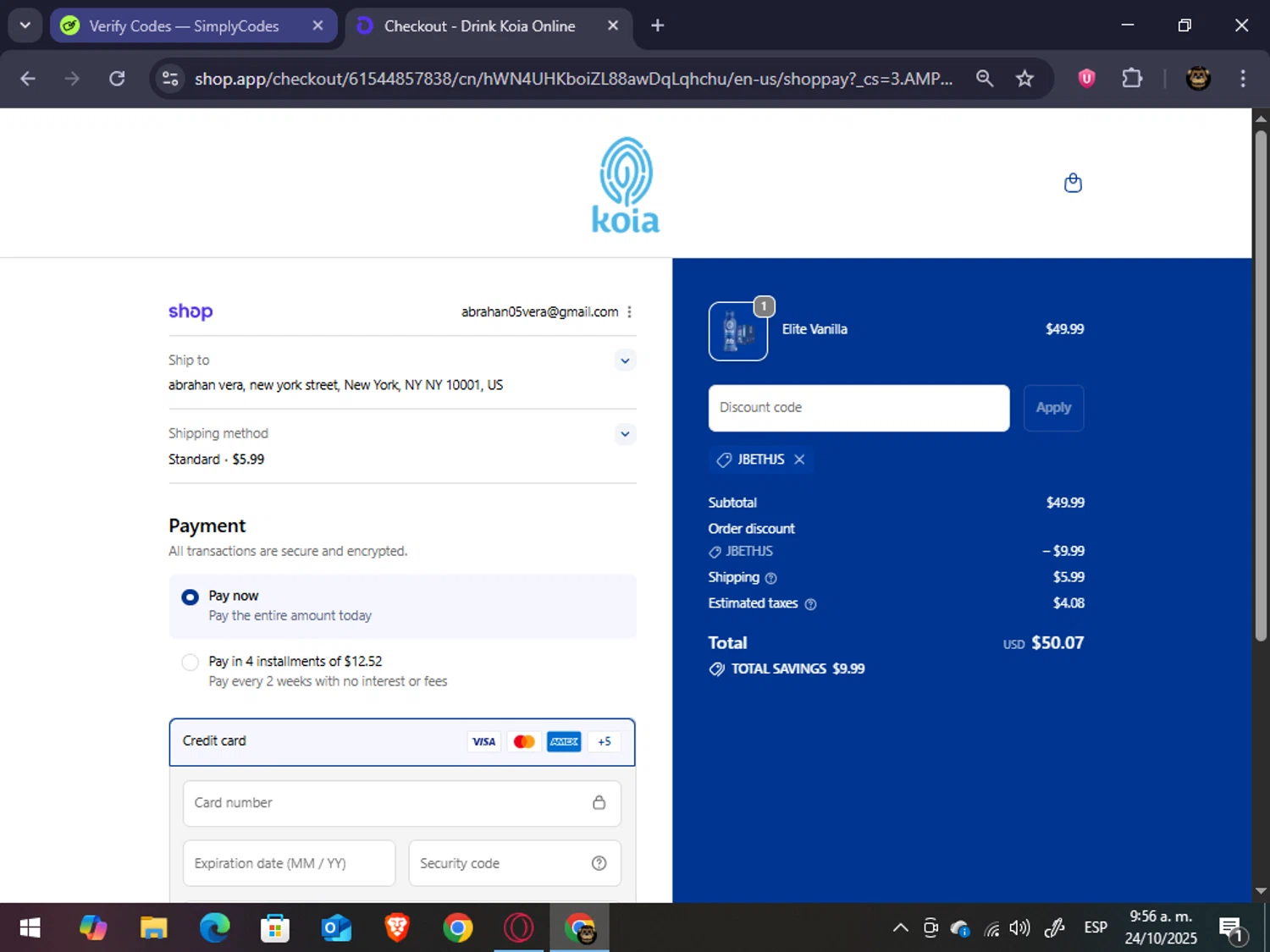Koia promo code screenshot showing code Jbethjs applied at Koia checkout page. Uploaded by SimplyCodes community member abrahanv on Oct 24, 2025