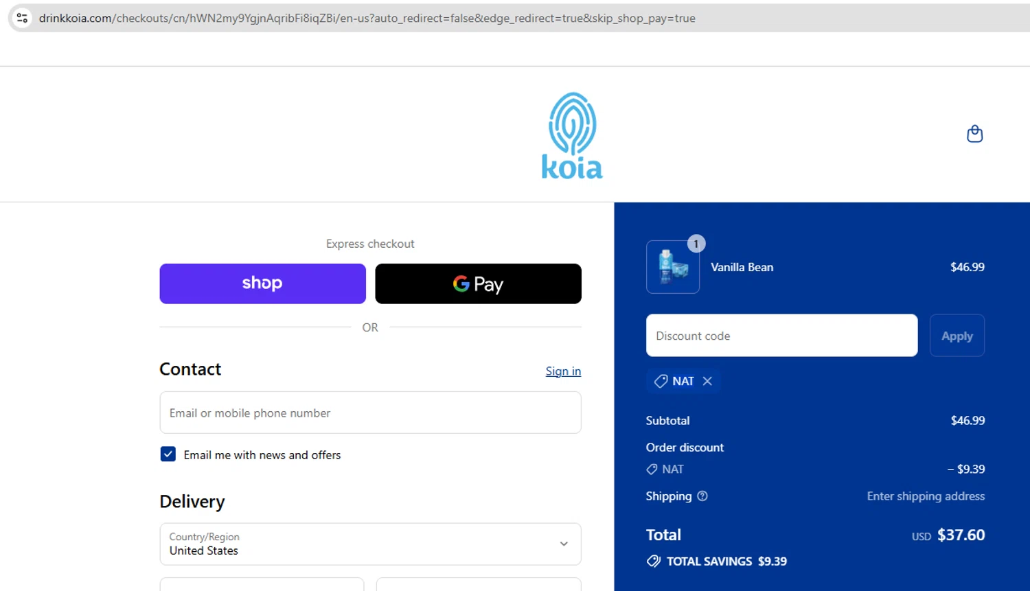 Koia promo code screenshot showing code Nat applied at Koia checkout page. Uploaded by SimplyCodes community member YHLQMDLGN on Sep 9, 2025