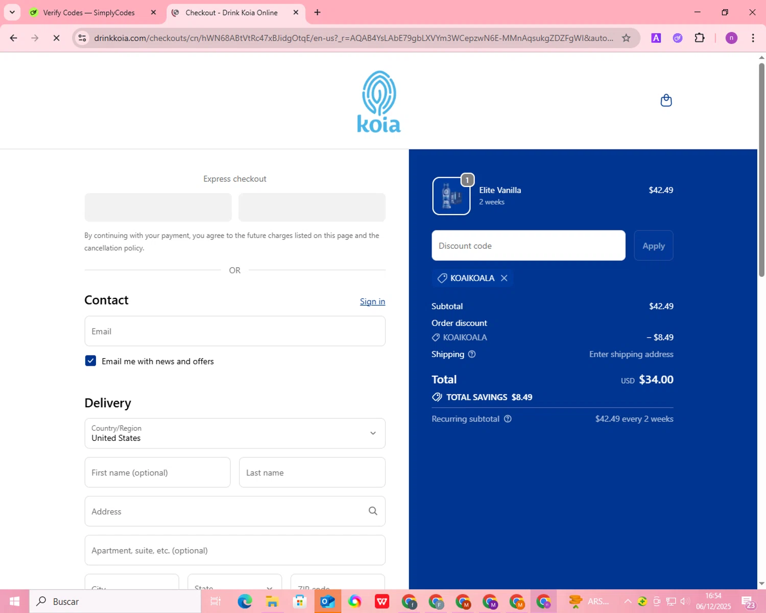 Koia promo code screenshot showing code KOAIKOALA applied at Koia checkout page. Uploaded by SimplyCodes community member PromoWizard9762 on Dec 6, 2025