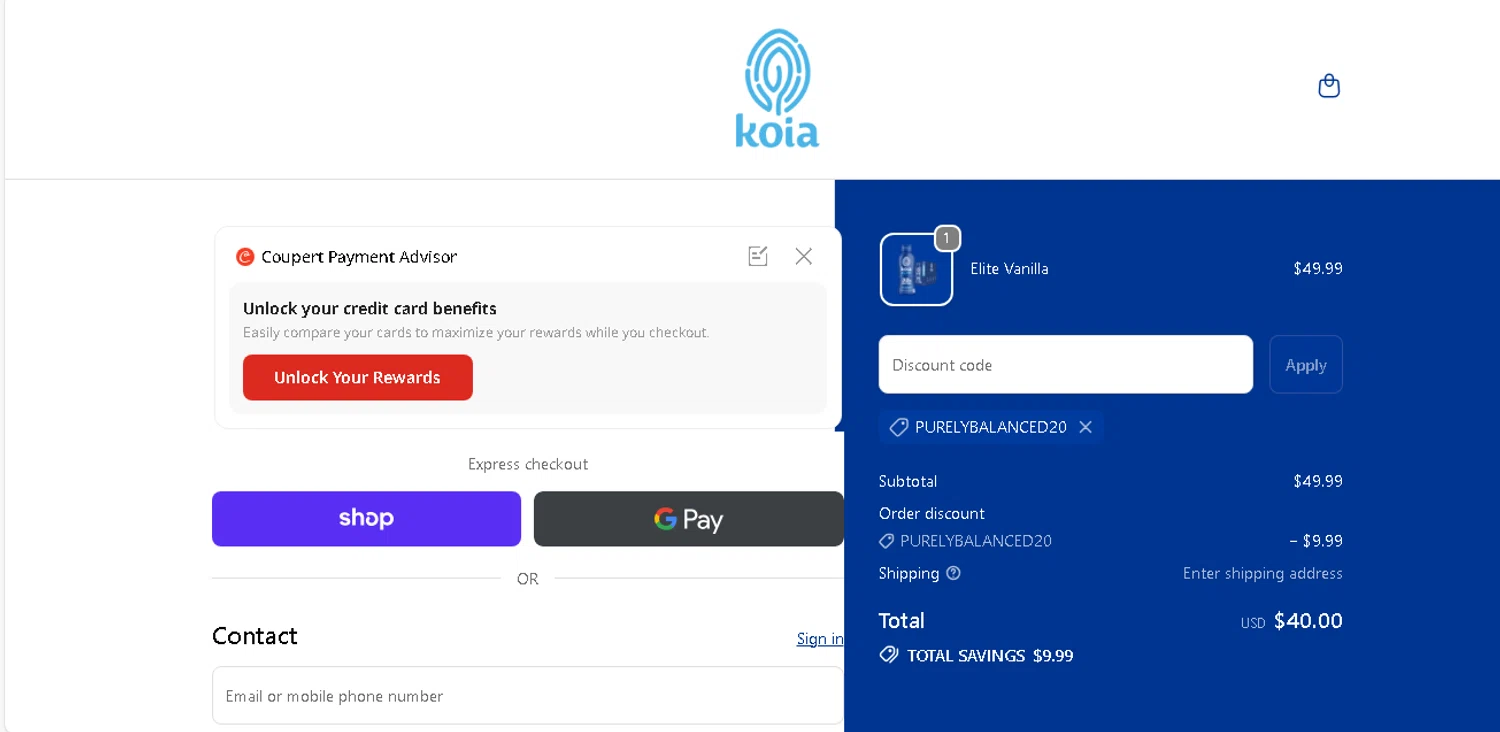 Koia promo code screenshot showing code PURELYBALANCED20 applied at Koia checkout page. Uploaded by SimplyCodes community member shark12 on Dec 24, 2025