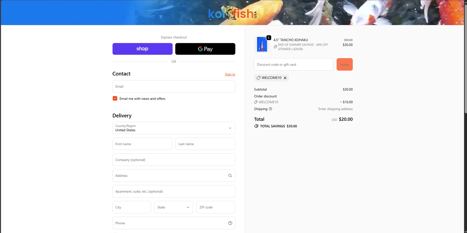 Koi Fish USA promo code screenshot showing code WELCOME10 applied at Koi Fish USA checkout page. Uploaded by SimplyCodes community member Underaiki on Nov 26, 2025