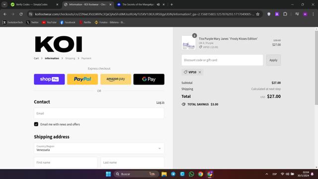 Koi Footwear checkout page showing Koi Footwear discount code box | Screenshot taken by SimplyCodes community member on May 30, 2024