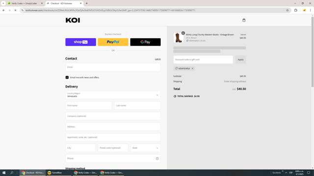 Koi Footwear checkout page showing Koi Footwear discount code box | Screenshot taken by SimplyCodes community member on Jan 3, 2025