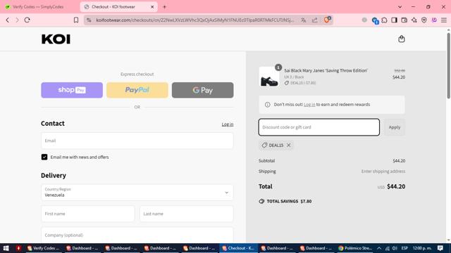 Koi Footwear checkout page showing Koi Footwear discount code box | Screenshot taken by SimplyCodes community member on Apr 17, 2025