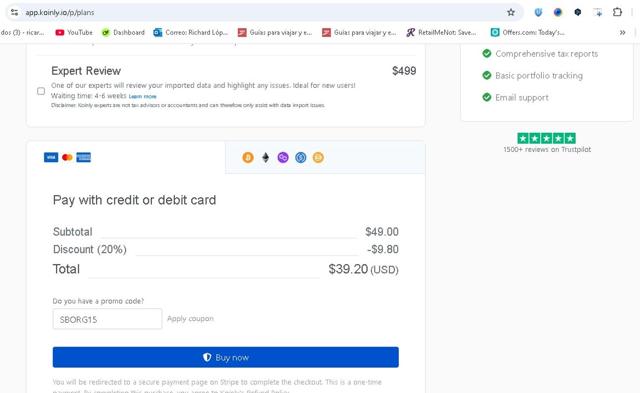 Koinly checkout page showing Koinly promo code box | Screenshot taken by SimplyCodes community member on Aug 26, 2025