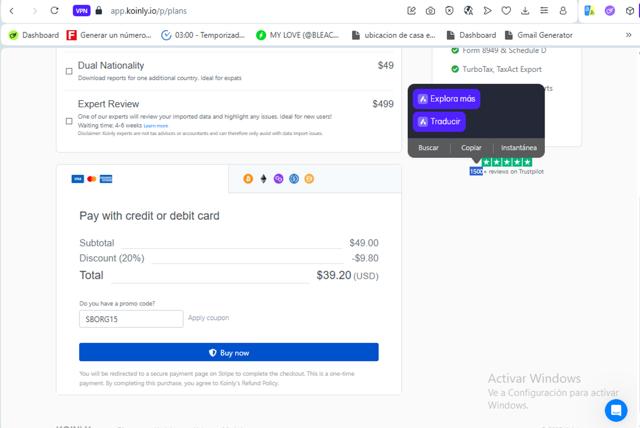 Koinly checkout page showing Koinly promo code box | Screenshot taken by SimplyCodes community member on Aug 5, 2025