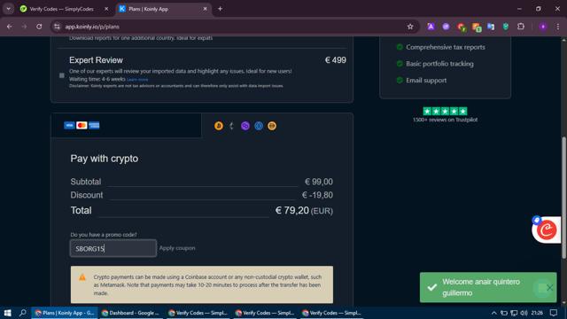 Koinly checkout page showing Koinly promo code box | Screenshot taken by SimplyCodes community member on Jul 29, 2025