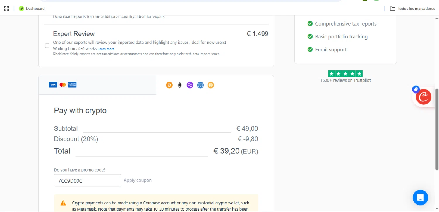 Koinly promo code screenshot showing code 7CC9D00C applied at Koinly checkout page. Uploaded by SimplyCodes community member Speedy on Feb 24, 2026