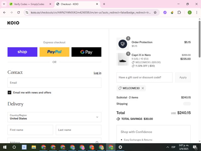 Koio checkout page showing Koio discount code box | Screenshot taken by SimplyCodes community member on Sep 3, 2025
