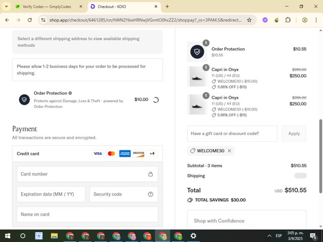 Koio checkout page showing Koio discount code box | Screenshot taken by SimplyCodes community member on Sep 3, 2025