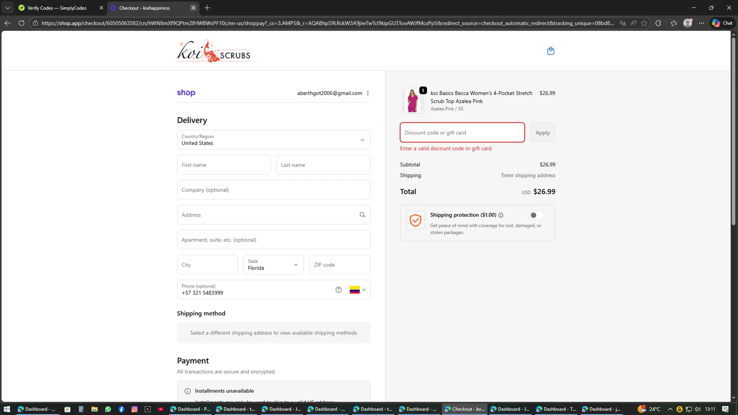 Koi Scrubs coupon code screenshot showing code NURSES19 applied at Koi Scrubs checkout page. Uploaded by SimplyCodes community member SAKURA on Feb 14, 2026
