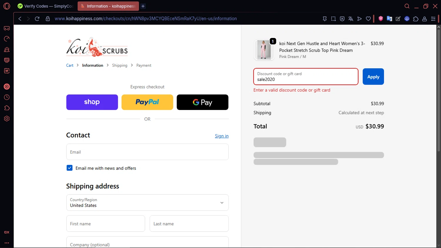 Koi Scrubs coupon code screenshot showing code sale2020 applied at Koi Scrubs checkout page. Uploaded by SimplyCodes community member MoneySentinel1166 on Feb 16, 2026