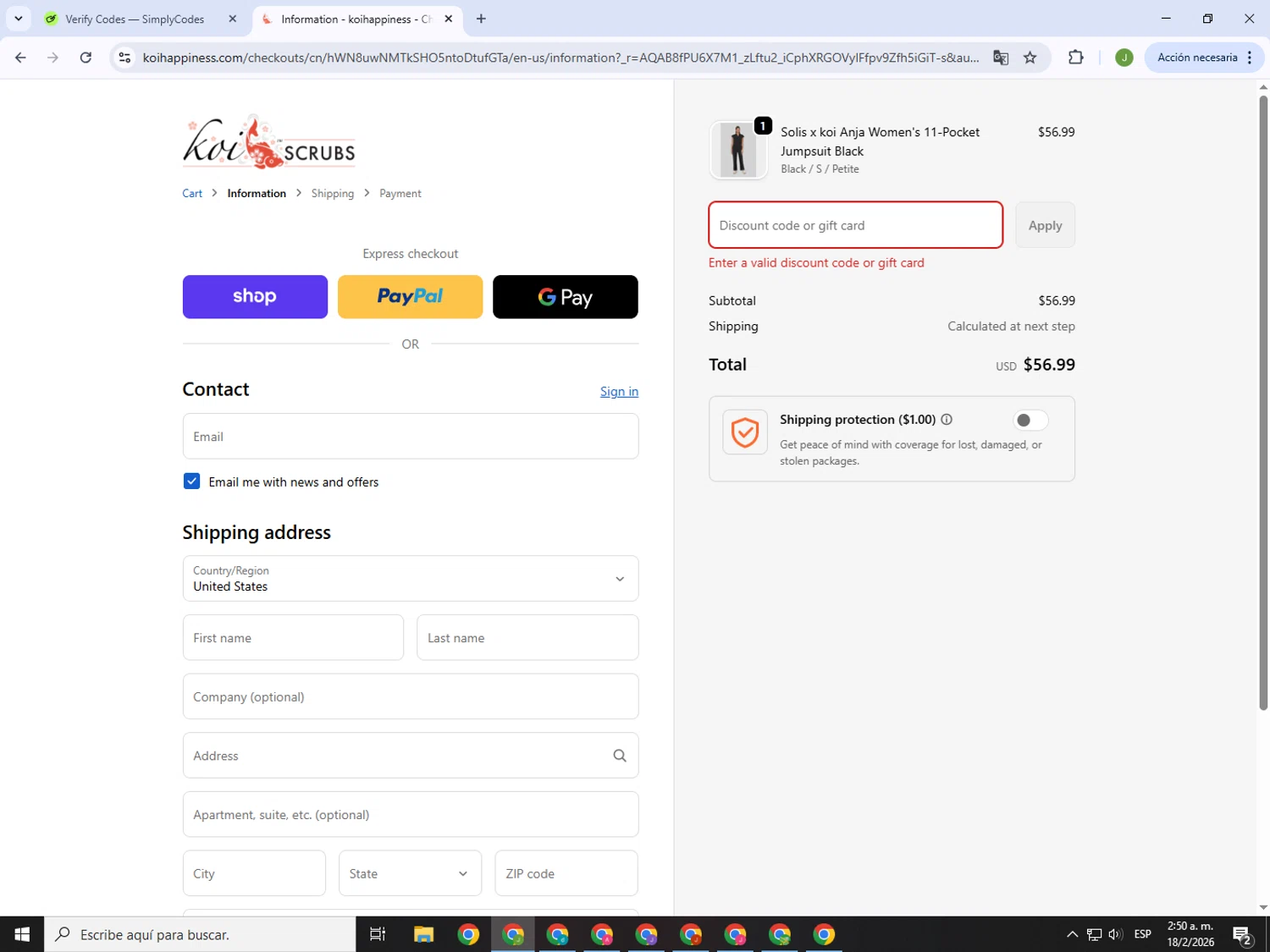 Koi Scrubs coupon code screenshot showing code SUMMER20 applied at Koi Scrubs checkout page. Uploaded by SimplyCodes community member MightyFinder1041 on Feb 18, 2026