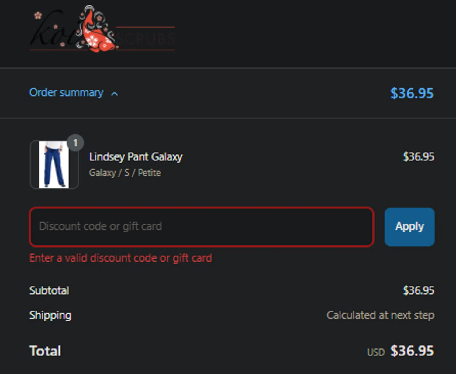 Koi Scrubs coupon code screenshot showing code SUMMER20 applied at Koi Scrubs checkout page. Uploaded by SimplyCodes community member idkxxx on Mar 26, 2025