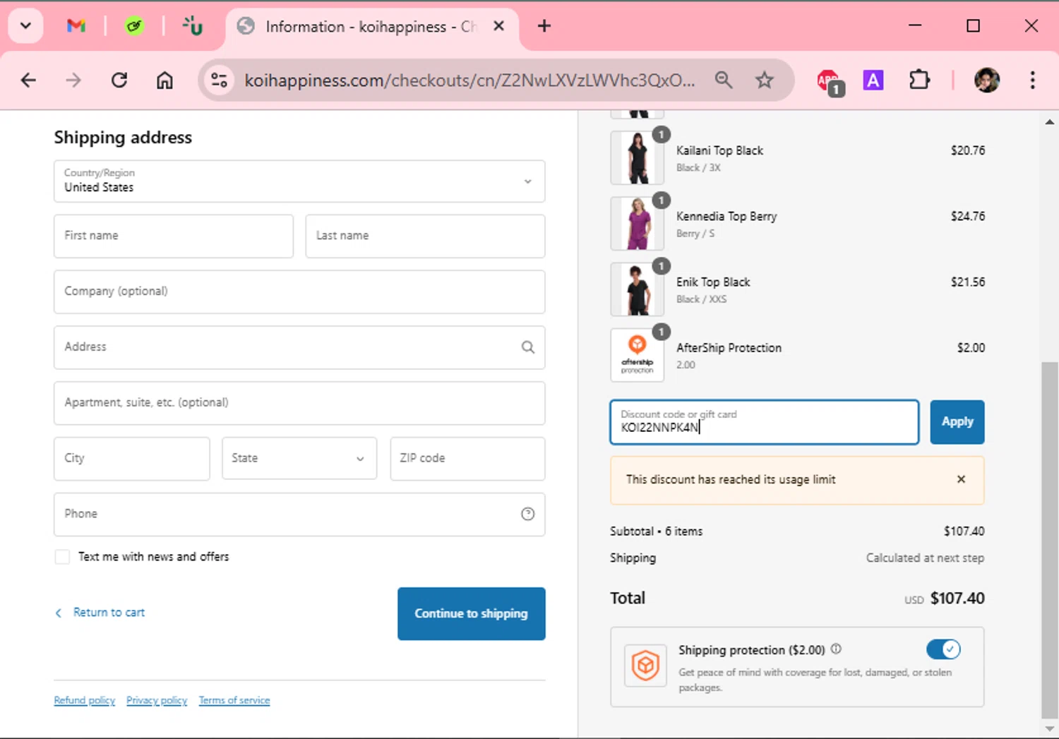 Koi Scrubs coupon code screenshot showing code KOI22NNPK4N applied at Koi Scrubs checkout page. Uploaded by SimplyCodes community member Scarleth_2GGD on Jan 21, 2025