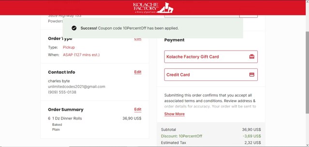 Kolache Factory checkout page showing Kolache Factory promo code box | Screenshot taken by SimplyCodes community member on Apr 24, 2023